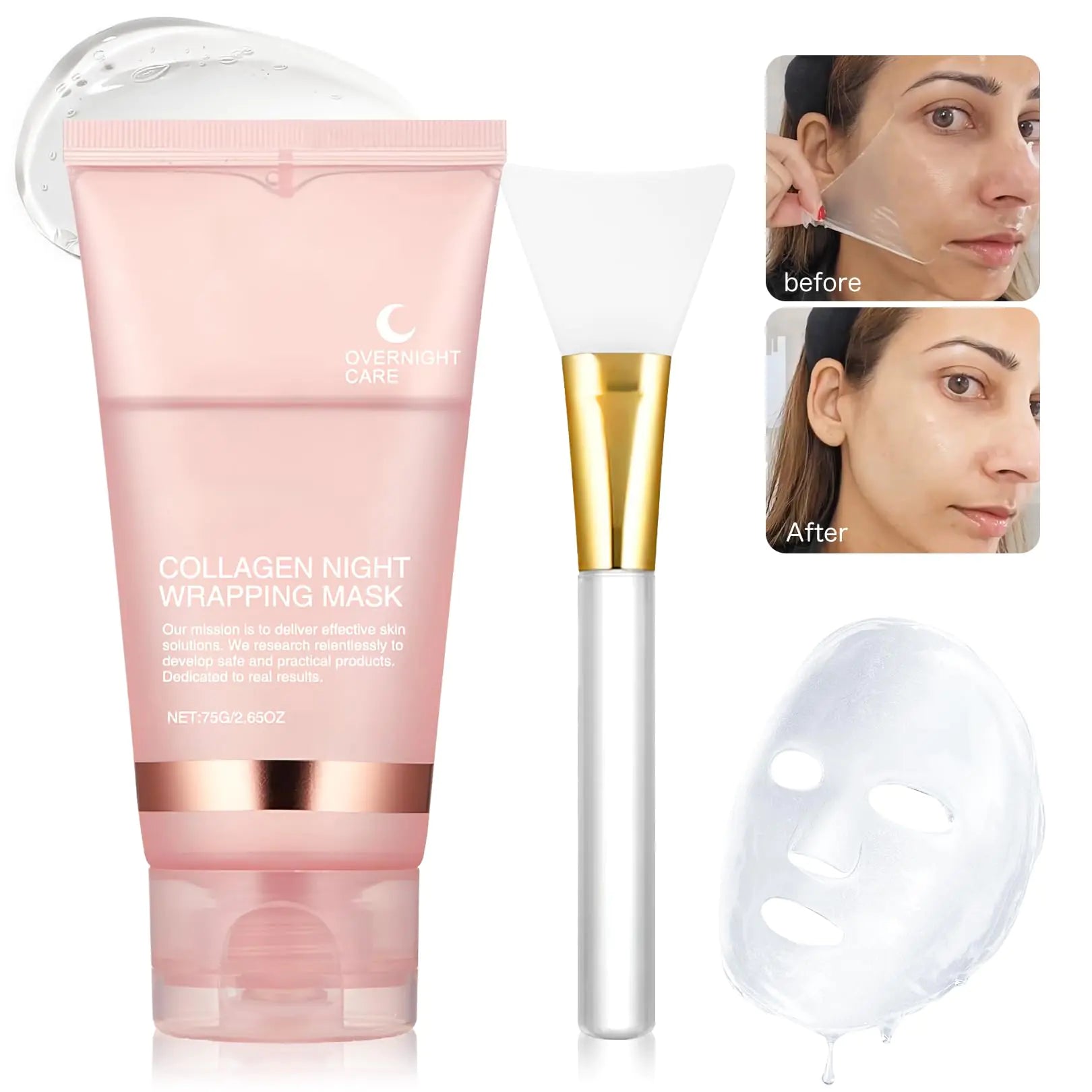 MUOCOBU Collagen Overnight Wrapping Peel Off Face Mask Collagen Face Mask Overnight-Deep Hydration Care Reduce Sagging & Dullness for Glowing Skin 2.65 fl.oz Brush Included (PINK)